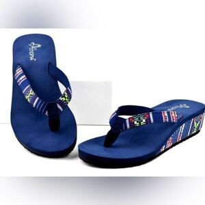 NIB Utopia Women’s Blue Multi Color Stitching Wedge Flip Flops - Size 7